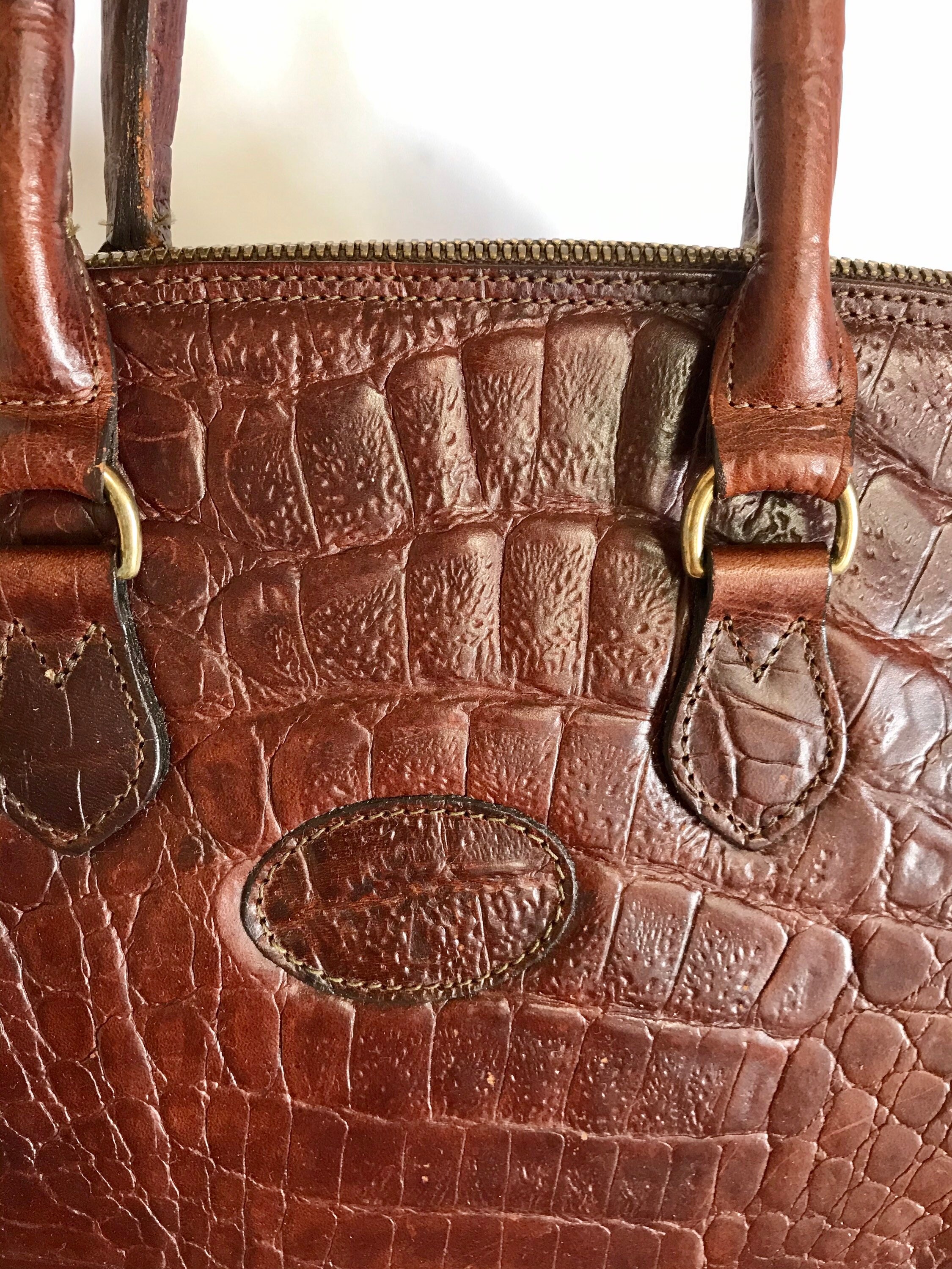 Vintage Mulberry croc embossed brown leather bolide tote bag. By Roger Saul.