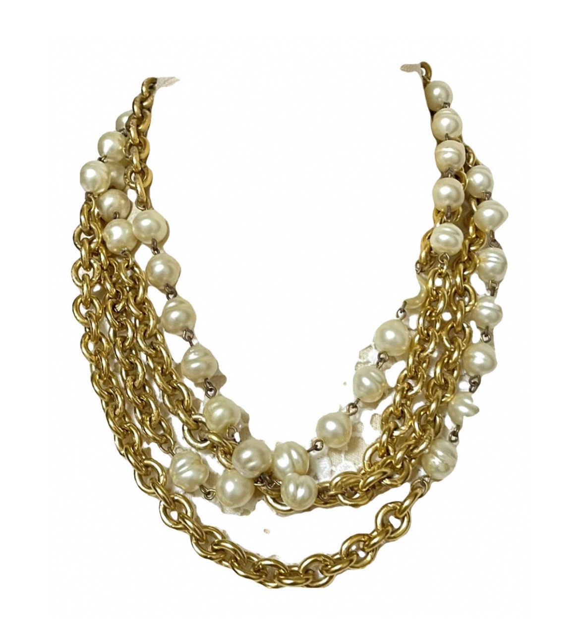 Vintage CHANEL Double Chain Necklace With Round Faux Pearls. 