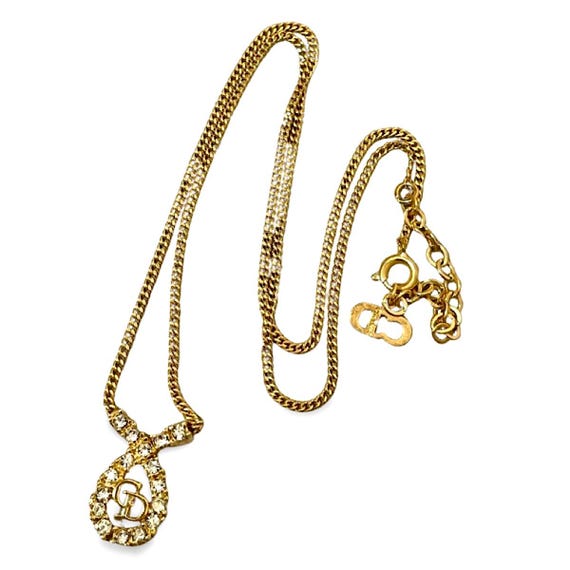 Vintage Christian Dior Golden Chain Necklace With Crystal Teardrop