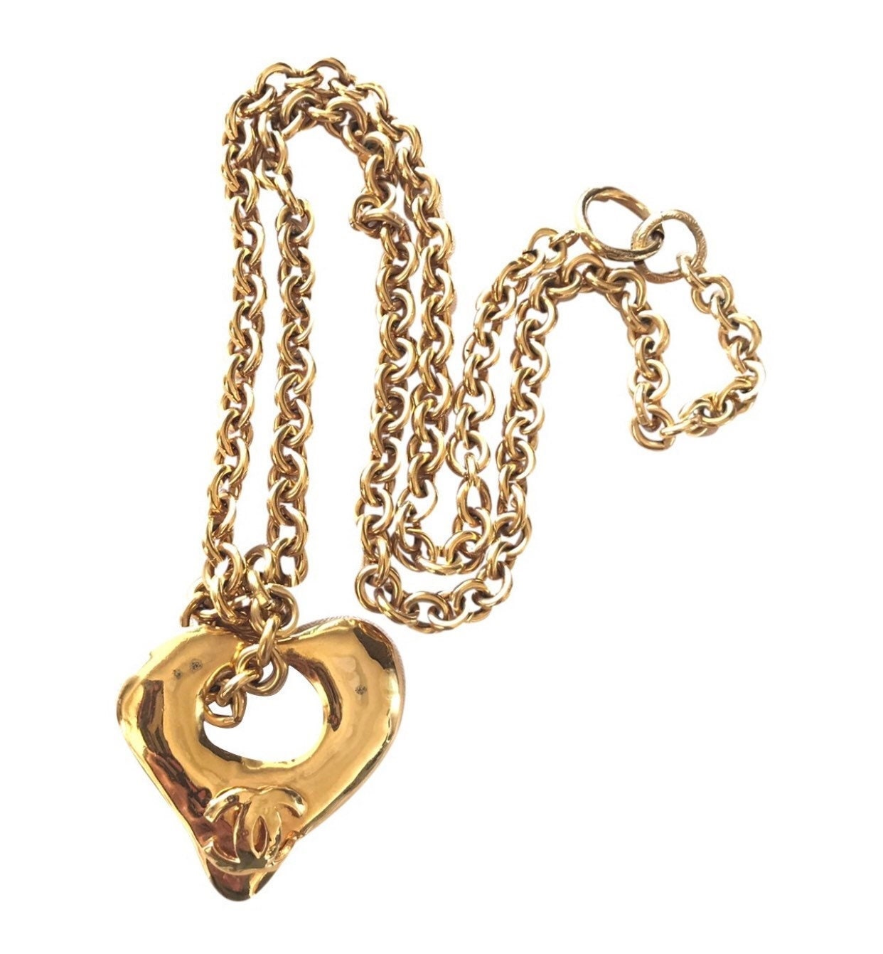 CHANEL Resin Crystal CC Heart Necklace Pearly White Gold 998267