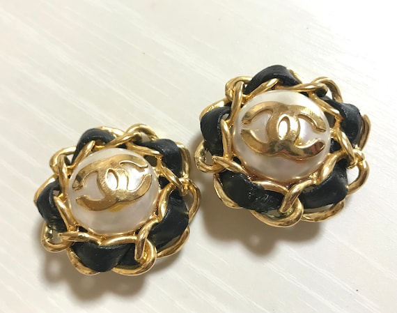 Vintage Chanel Pearl Earrings Black Leather