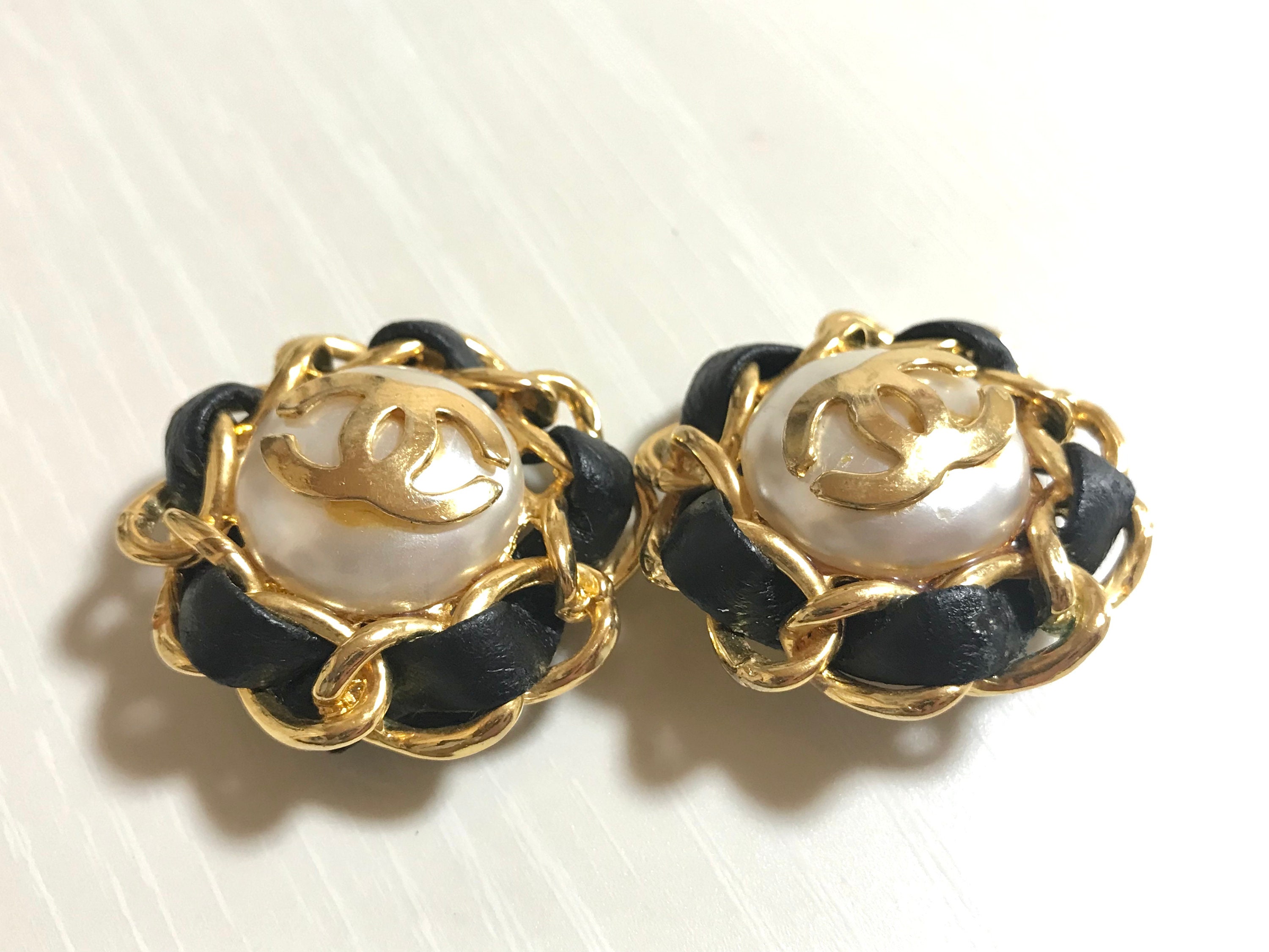Vintage CHANEL Earrings With Golden CC Faux Pearl Black -  Ireland