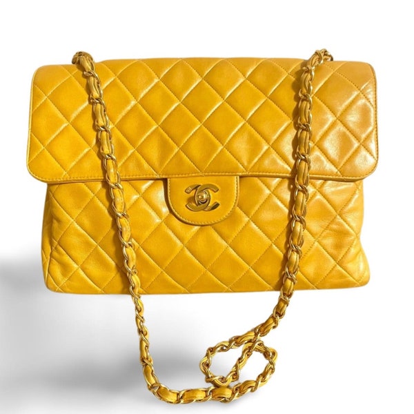 Vintage Chanel 2.55 bag, large size shoulder bag in yellow color soft lamb leather. Golden CC turnlock closure. Good fortune color. 060213ac