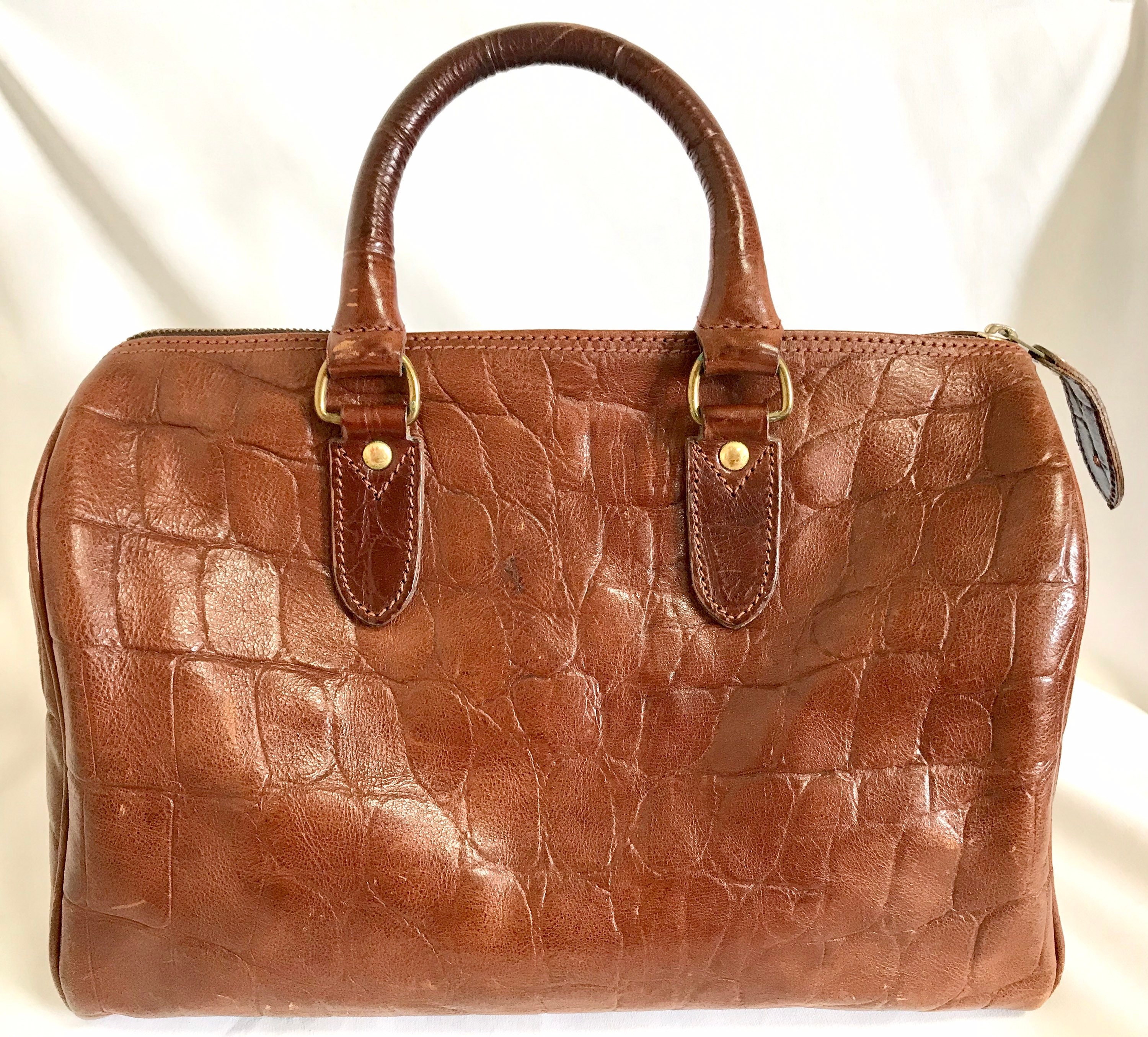 Vintage Mulberry croc embossed brown leather bolide tote bag. By Roger Saul.