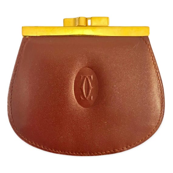 Vintage Cartier Wine Leather Coin Case Purse With Gold Tone Kiss
