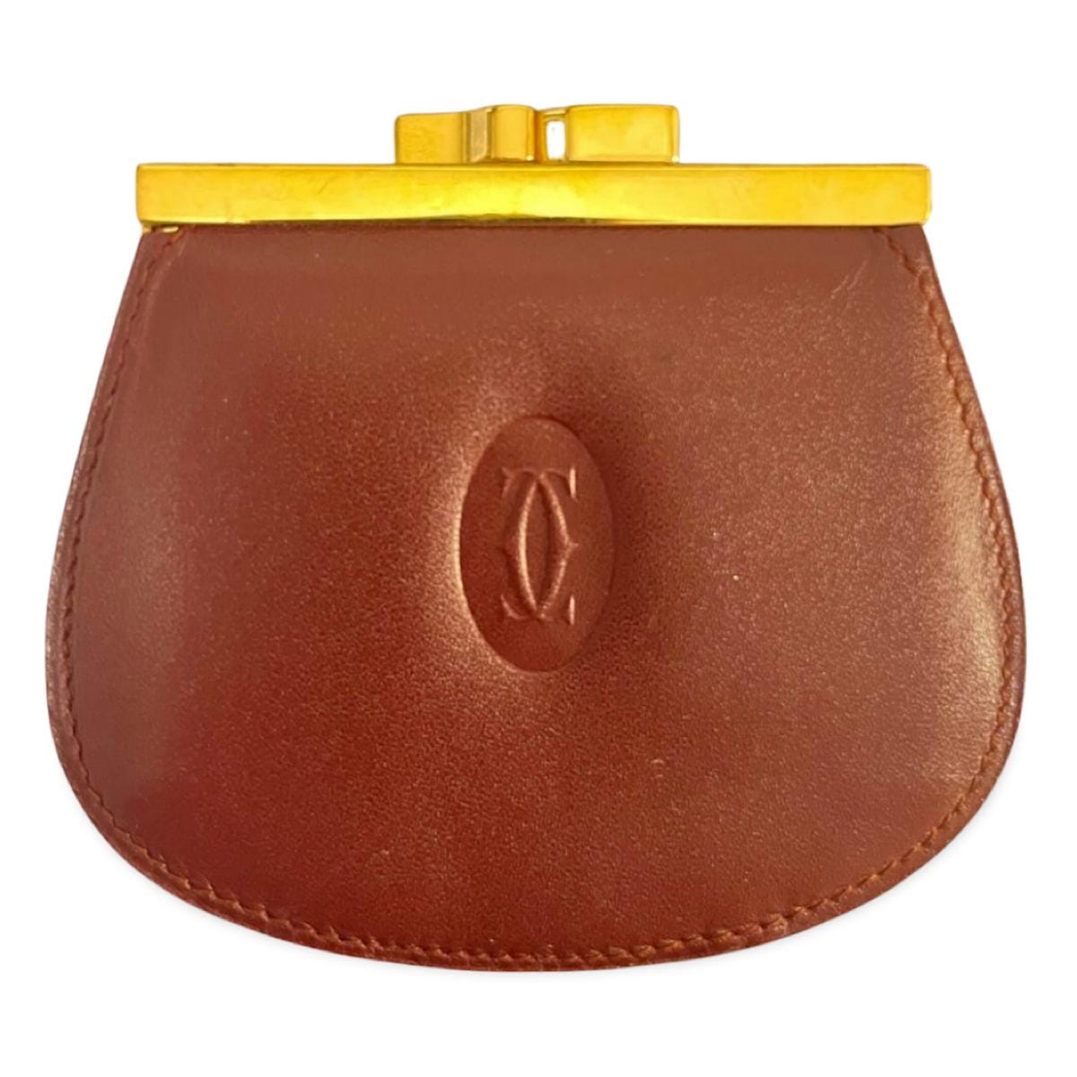 Vintage Cartier Wine Leather Coin Case Purse With Gold Tone Kiss