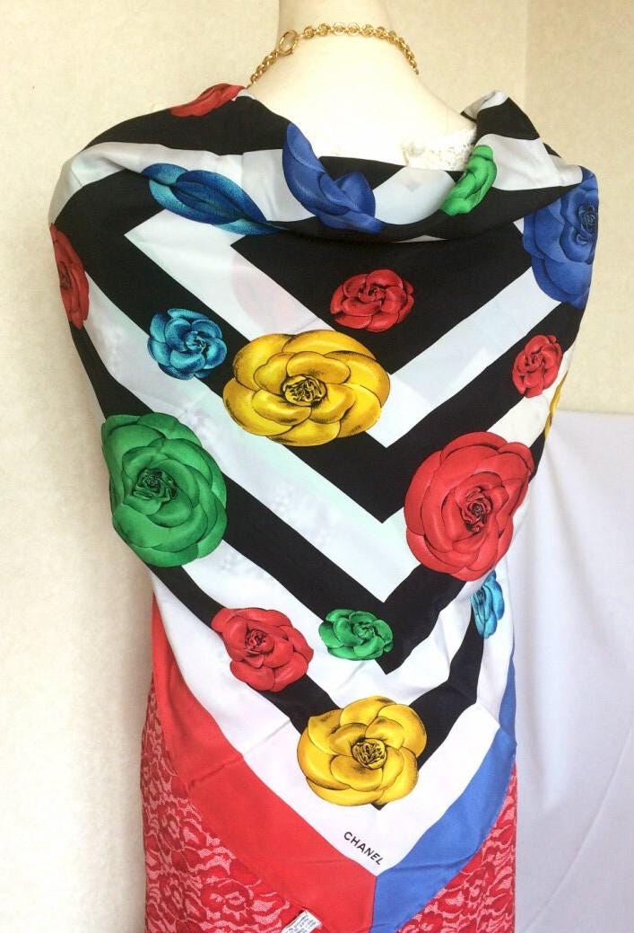 Vintage Chanel Black and White Geometric Pattern and Red, Yellow