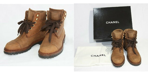 Vintage CHANEL Middle High Brown Leather Boots Hiking Lace 