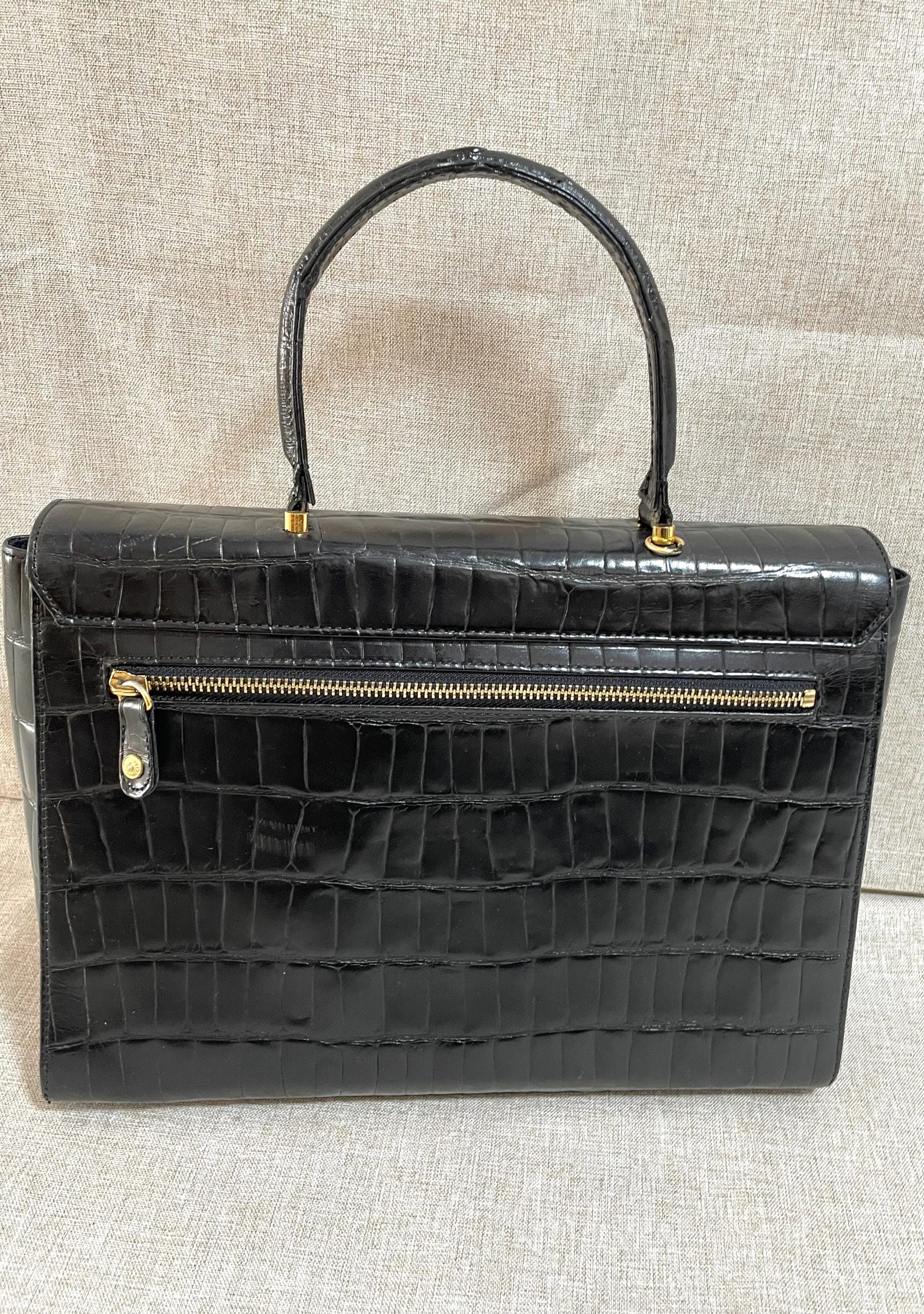 Vintage Gianni Versace Black Croc Embossed Leather Handbag With