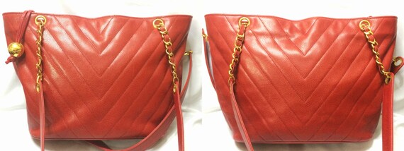 Vintage CHANEL Red Caviarskin V Stitch Chevron Style Chain 