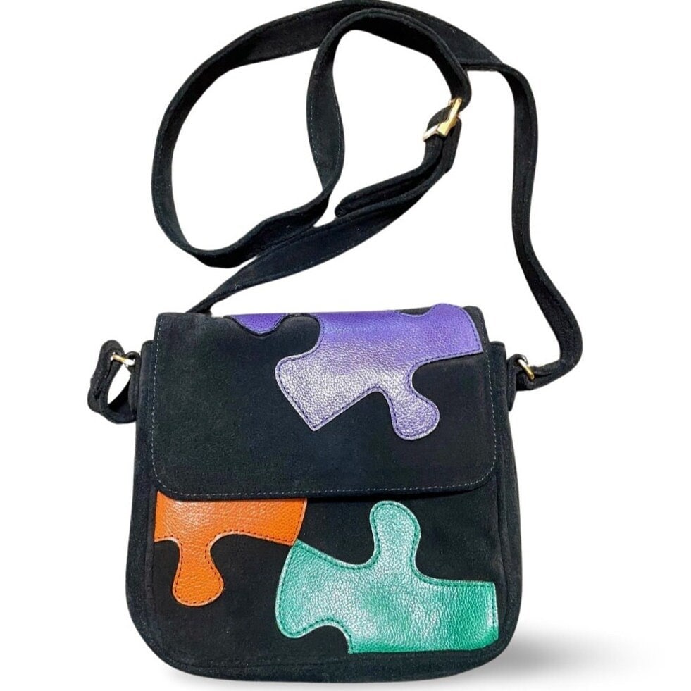 Vintage MOSCHINO Black Suede and Colorful Jigsaw Puzzle