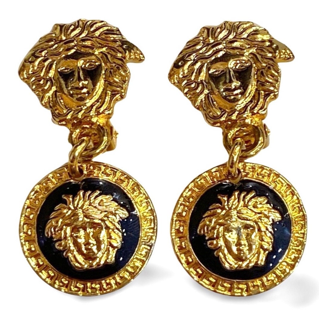 Vintage Gianni Versace large round gold tone medusa face earrings