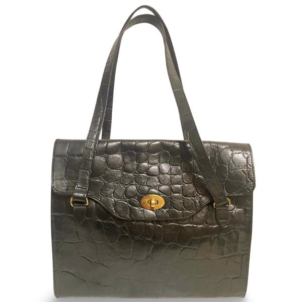 Vintage Mulberry black croc embossed leather shoulder bag. Roger Saul. Rare masterpiece you must get. 071001y1