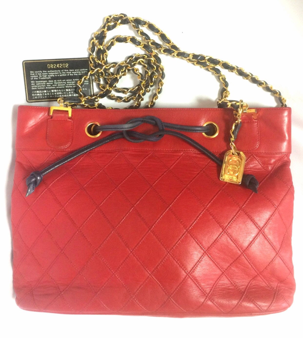 Vintage CHANEL Classic Tote Bag in Red Leather With Gold Tone