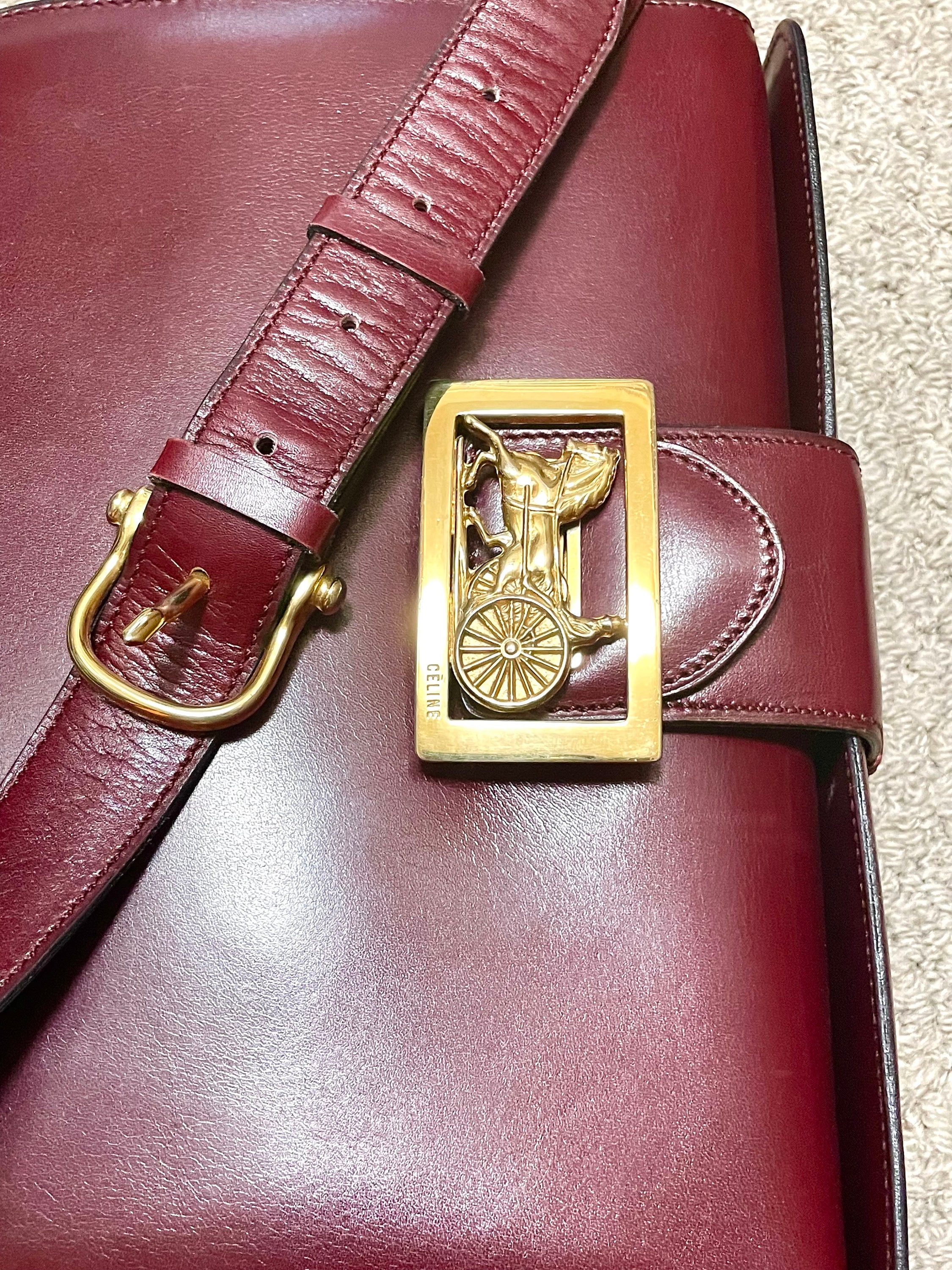 Vintage CELINE Bordeaux Leather Shoulder Bag With Gold-tone