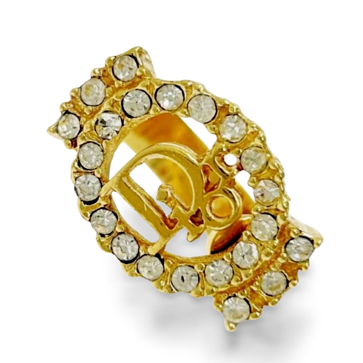 Vintage Christian Dior Gold Tone Ring With Logo and Rhinestone