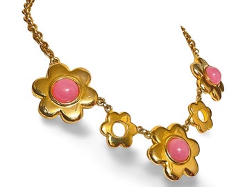 Vintage MOSCHINO Flower Charm Statement Necklace. Gold-Tone Chain with Pink Glass Flowers. Rare Designer Jewelry. 060606y1