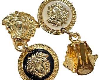 Vintage Gianni Versace medusa face motif dangle earrings with black and white medusa. Lady Gaga style jewelry piece. 071224ys1
