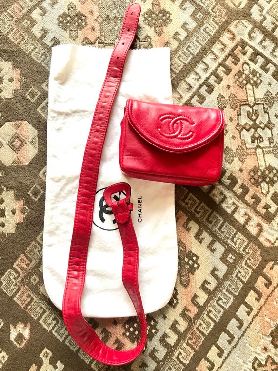 Vintage CHANEL Red Fanny Pack Leather Belt Bag With 