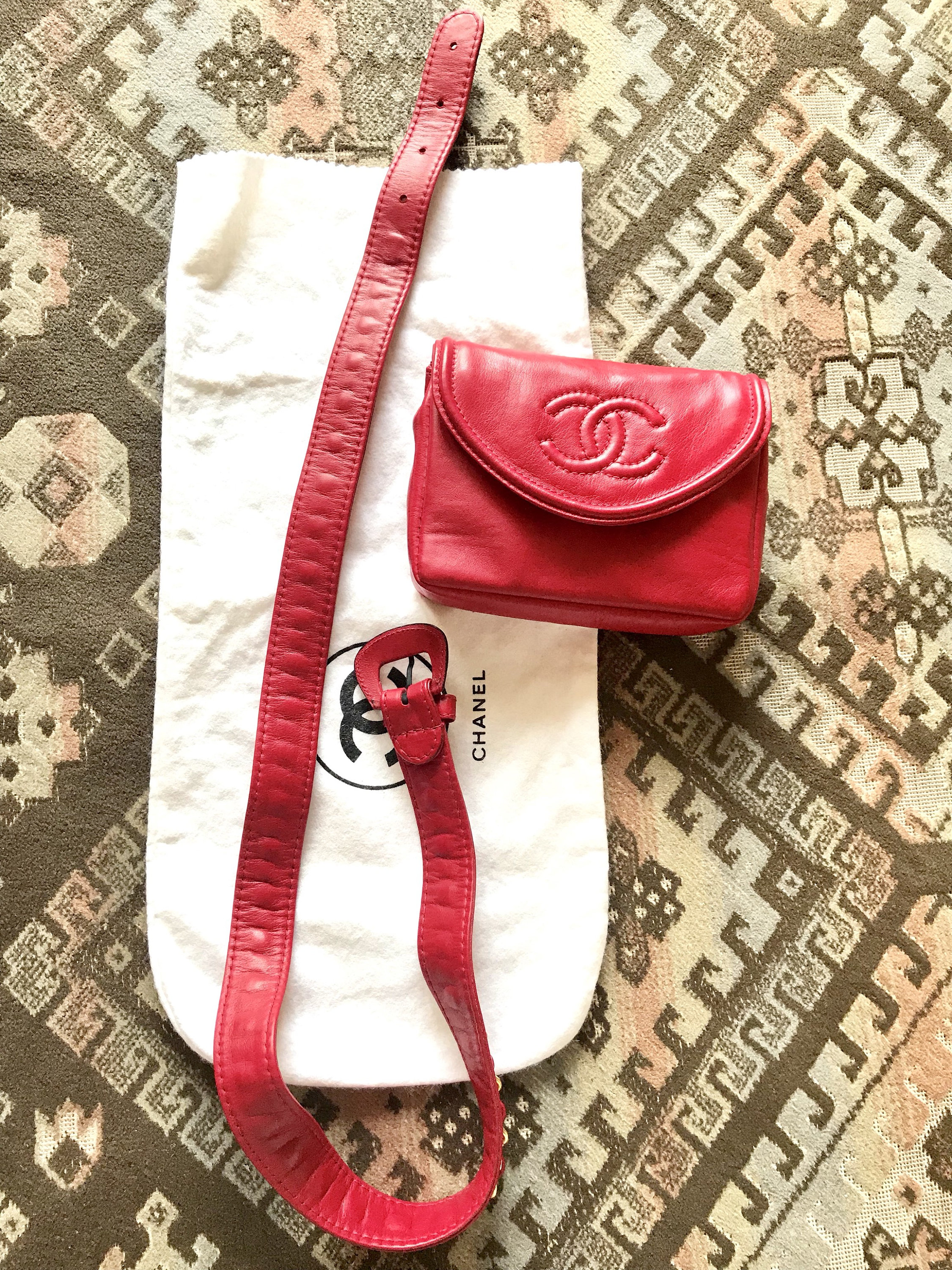 Vintage CHANEL Red Fanny Pack Leather Belt Bag With 