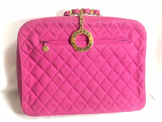 Early 1990s Vintage CHANEL Pink Matelassé Canvas Business Bag / Briefcase with Gold Chain Handle & Logo Charm — 061111re1