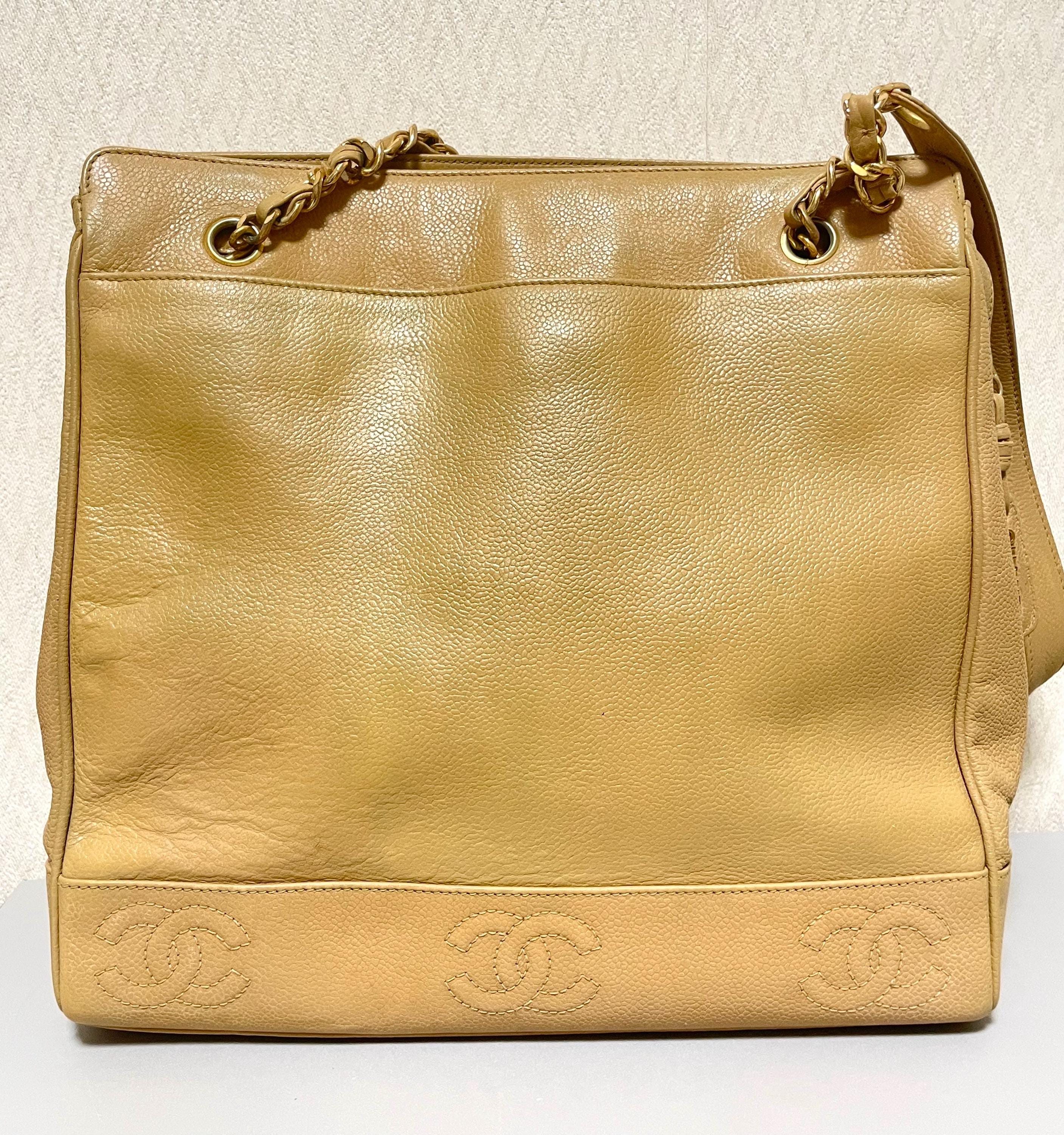 Vintage CHANEL Beige Caviar Leather Chain Tote Bag, Shoulder Purse