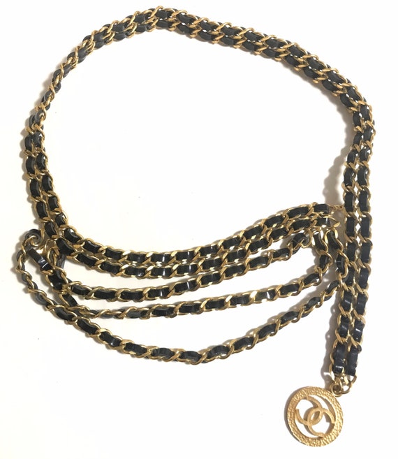 Chanel Black Leather and Gold Chain Medallion Belt Necklace at