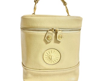 Vintage Gianni Versace Cream Yellow Leather Vanity Bag, Handbag with Golden Sunburst Charms | Lady Gaga Style Rare Purse. 041205ac2