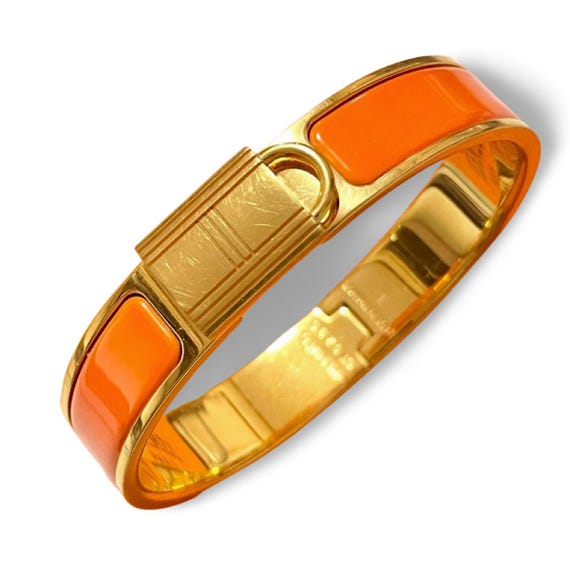 Vintage Hermes Orange Cloisonne Enamel Golden Bangle With H