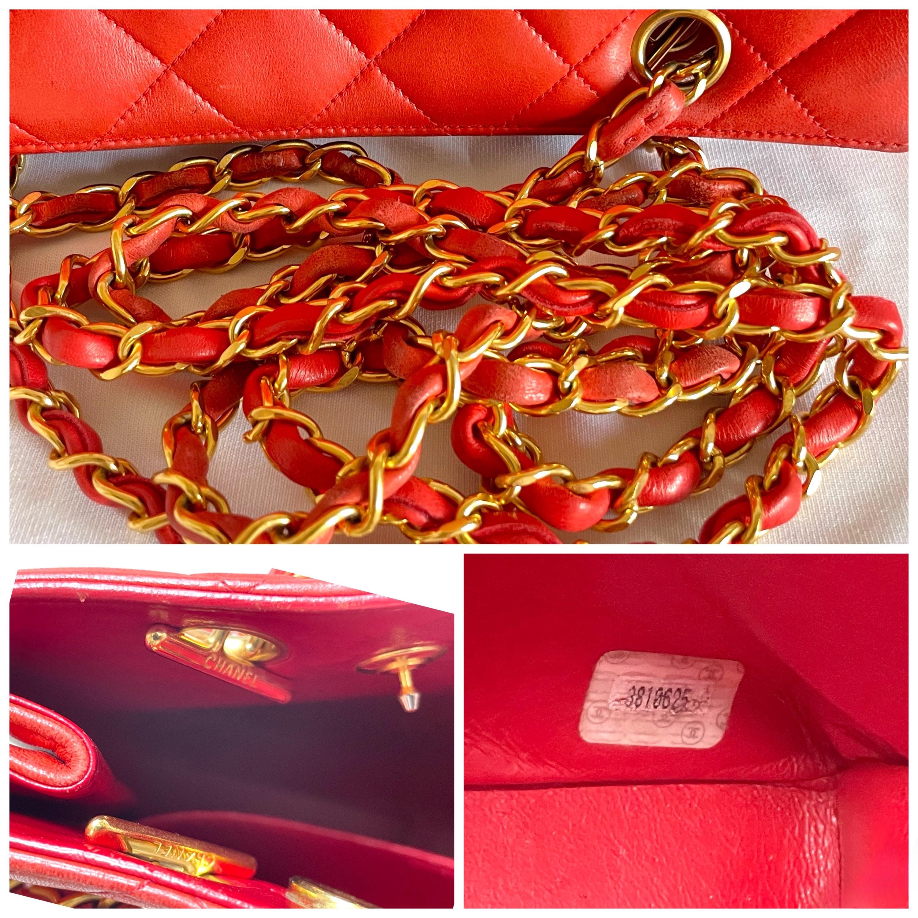 Vintage CHANEL Red Lambskin Square Chain Shoulder Bag With Gold CC