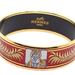 Vintage HERMÈS Cloisonné Enamel Gold Plated Thick Bangle Bracelet with Red Tiger Motif | Made in Austria, 080501yf