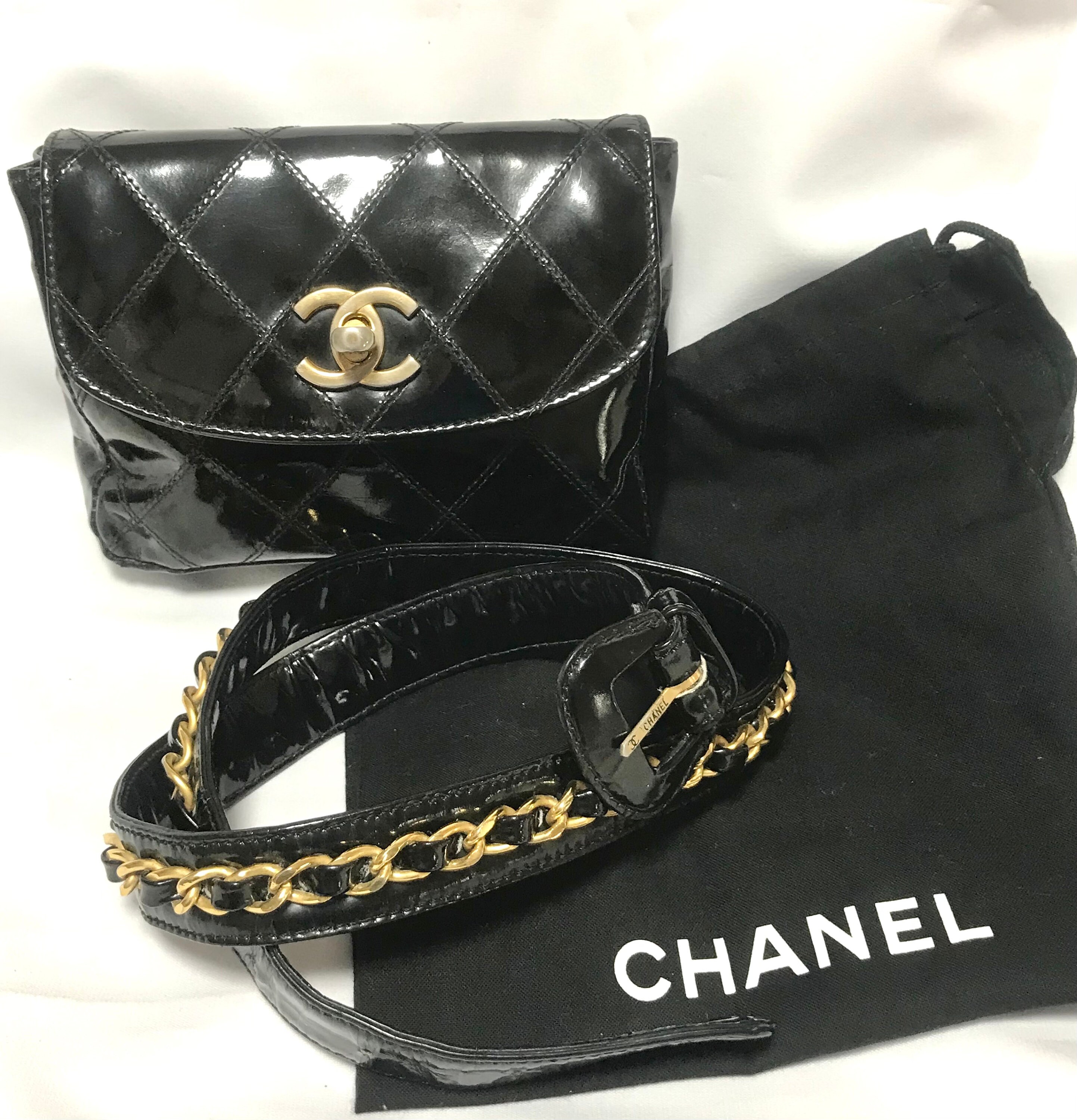 CHANEL Patent Calfskin Quilted Waist Belt Bag 75 30 Black 1249274