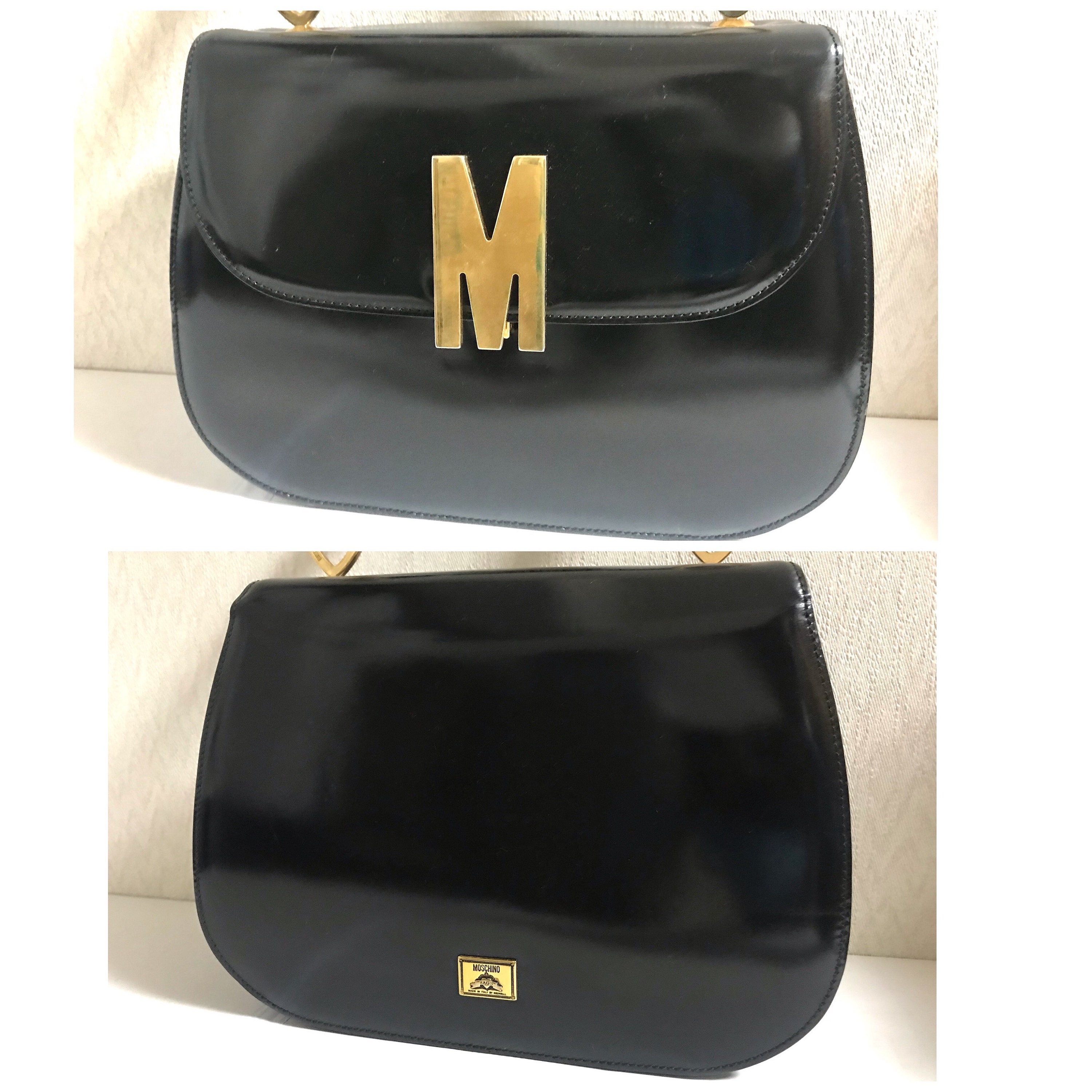 Vintage MOSCHINO Black Patent Enamel Kelly Style Handbag With M Logo and Heart Motifs. Masterpiece by Redwall. 050323re4 Etsy Ireland