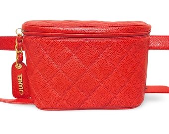 Vintage CHANEL Red Caviar Leather Waist Bag / Fanny Pack with Logo Charm Pull | Classic Hip Bag | 1990s Chanel | 070819ac2