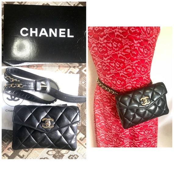 Vintage Chanel Black Lamb Belt Bag Fanny Pack With Golden Chain Belt Cc Closure Good For Waist Size 26 Through 283