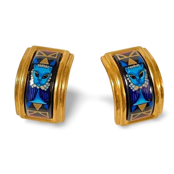Vintage Hermes Cloisonne Enamel Golden Earrings With Blue Tone