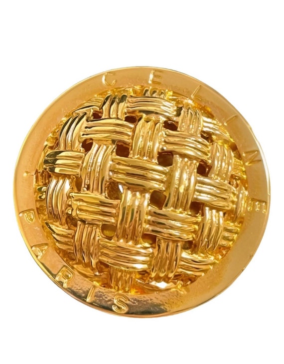 Vintage Celine Golden Brooch in Apple Pie Design. Round Pin Brooch