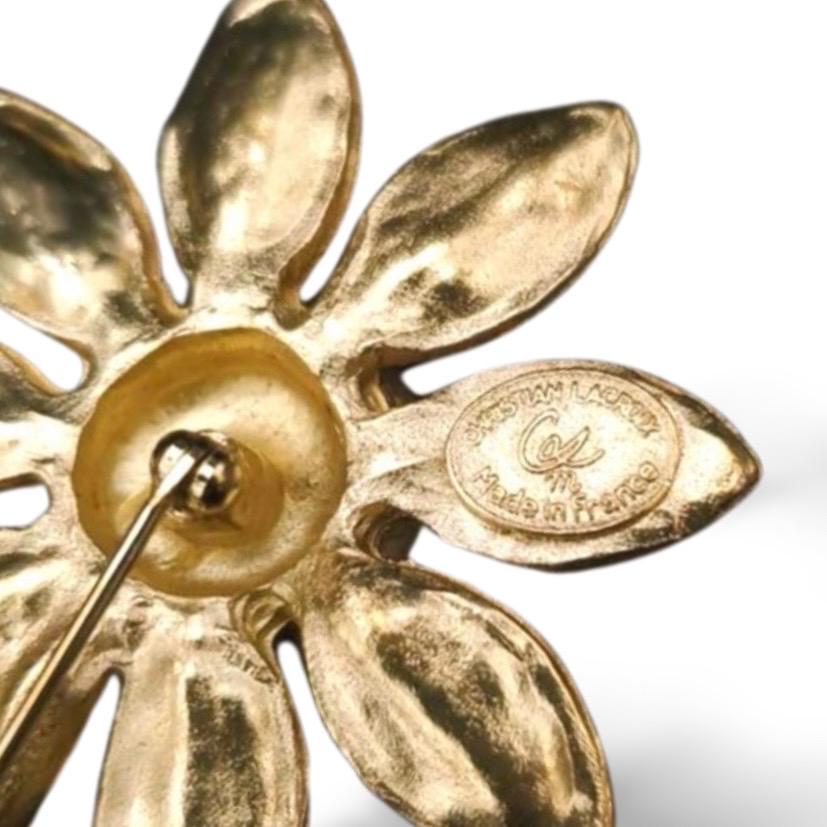 Vintage Christian Lacroix Flower Brooch With Crystals & Pink Stone