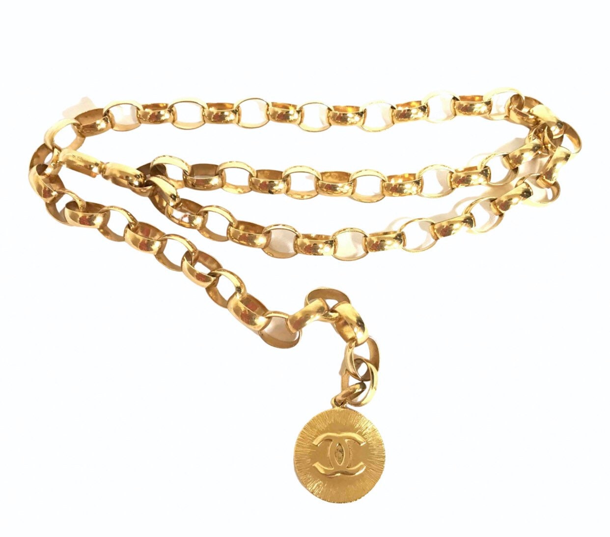 Vintage CHANEL Golden Chain Belt With Large CC Motif Charm. 