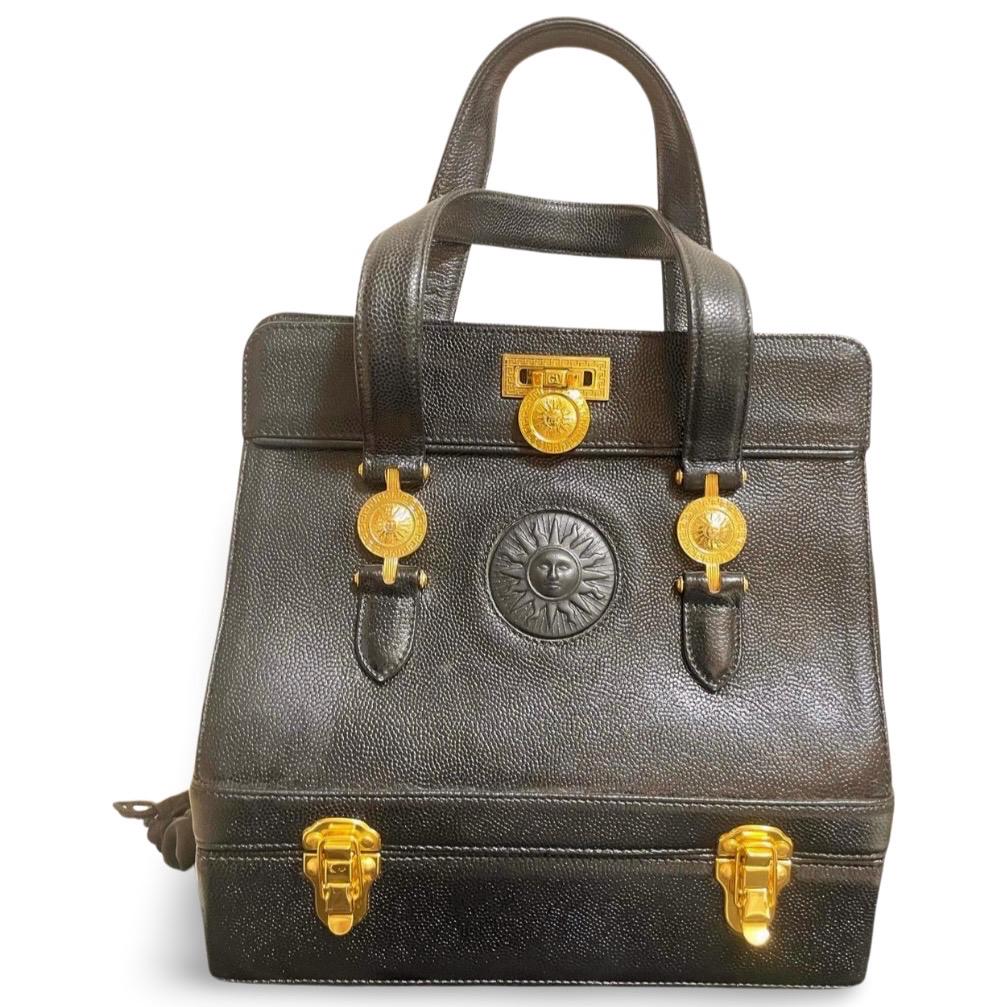 1990s Vintage Gianni Versace Black Leather Doctor's Bag With Built