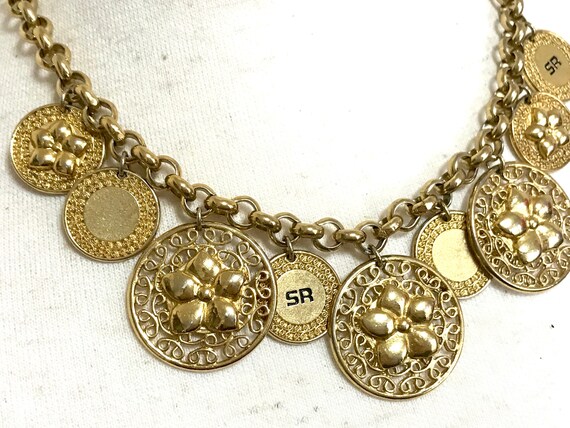 Gorgeous runway masterpiece jewelry. Vintage Sonia Rykiel Bijoux rare golden flower charm art statement necklace and dangling earring set