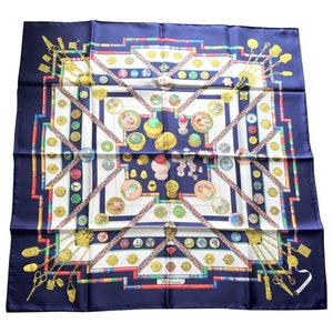 Vintage HERMES Carre navy silk scarf with yellow, pink, green, and multicolor medal and princess etc print. Petite main. 050407r9