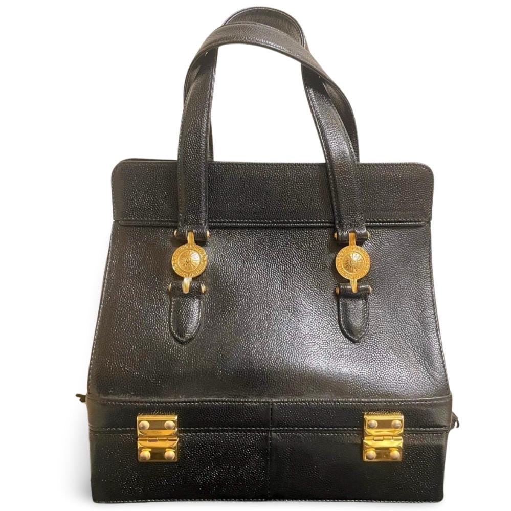 1990s Vintage Gianni Versace Black Leather Doctor's Bag With Built