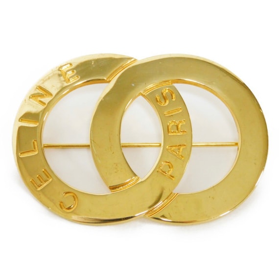 Vintage CELINE Double Circle Gold Tone Brooch With Embossed Logo