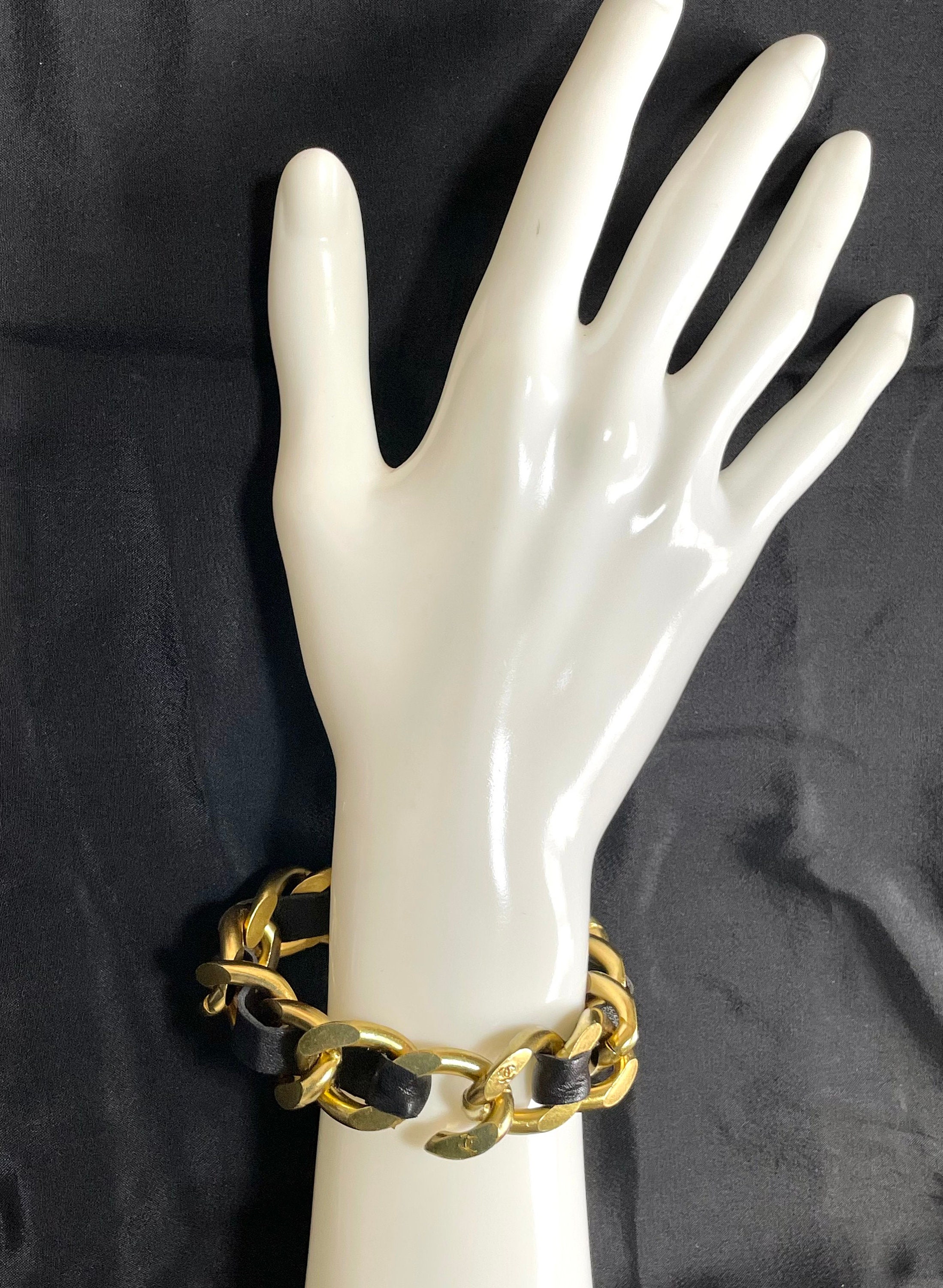MINT. Vintage Chanel Gold Chain & Black Leather Bracelet With CC