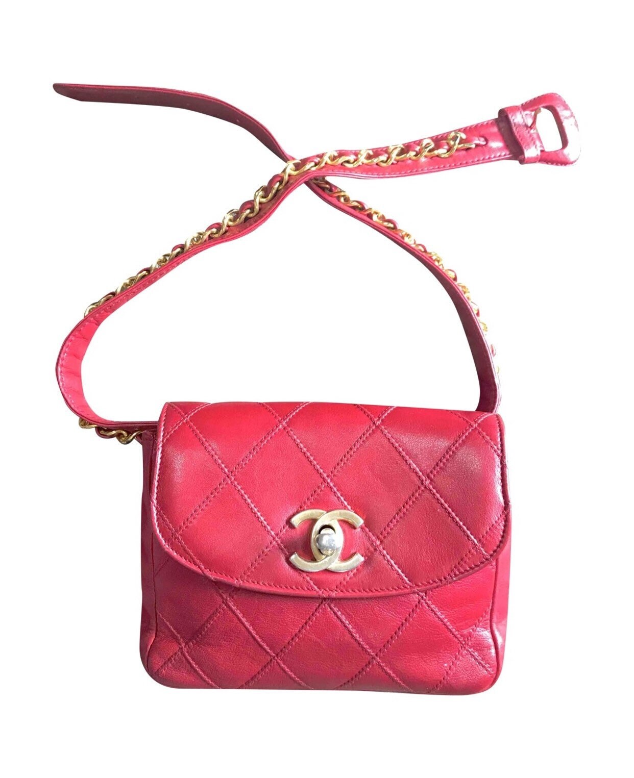 Vintage CHANEL Red Leather 2.55 Waist Purse, Fanny Pack, Hip