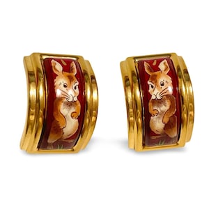 Vintage Hermes cloisonne enamel golden earrings with rabbit, bunny design. Chic and cute Hermes jewelry. 070520ac2