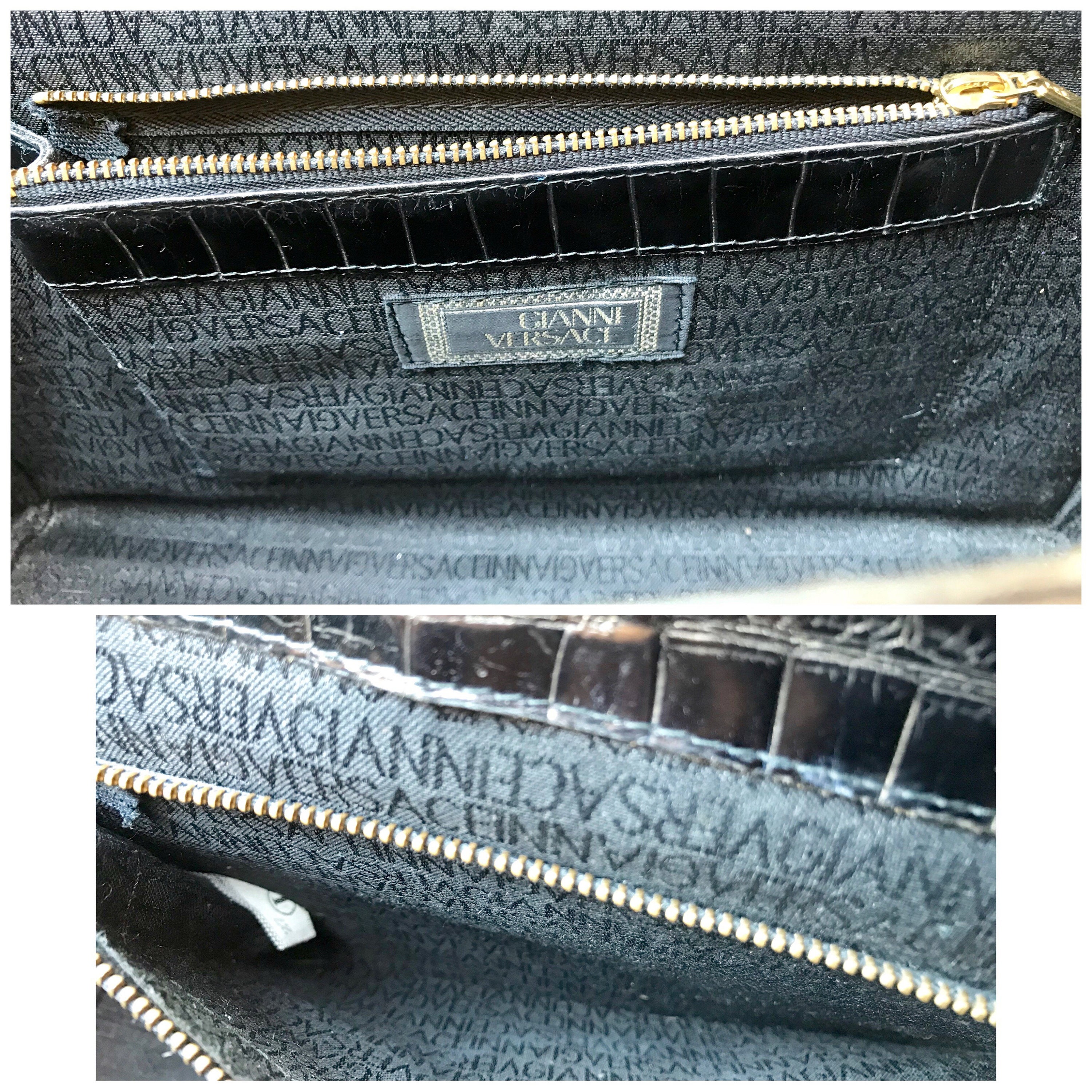 Vintage Gianni Versace Black Croc Embossed Leather Kelly Style 
