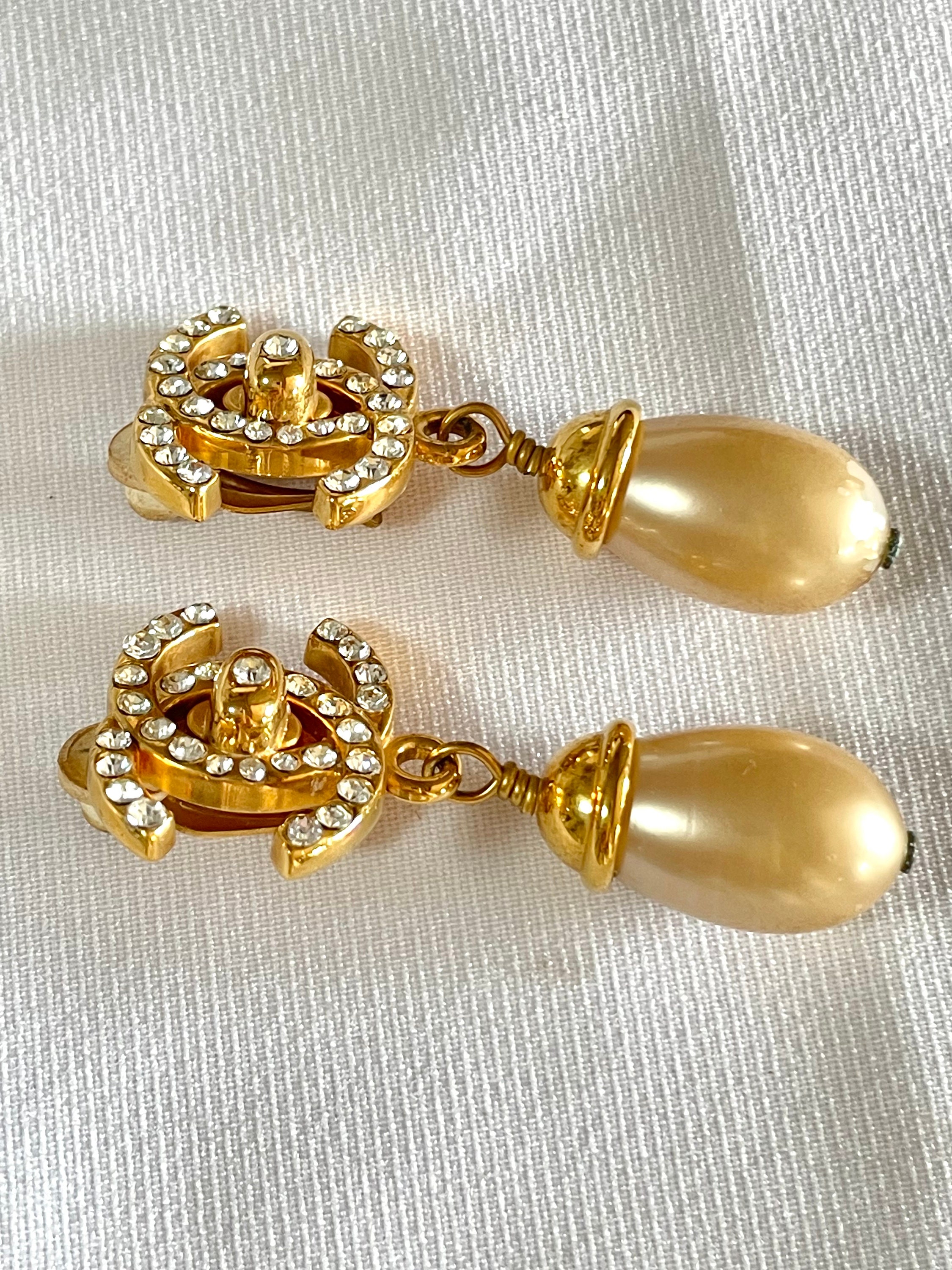 1990s Vintage CHANEL Crystal Turn-lock CC Teardrop Pearl Dangle 