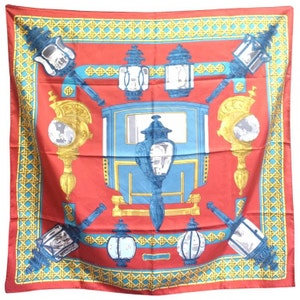 Vintage Hermes large carre twill silk scarf in light brick red, blue, and gold. Armor, Knight motif lamp design. Classic foulard. 050816f2